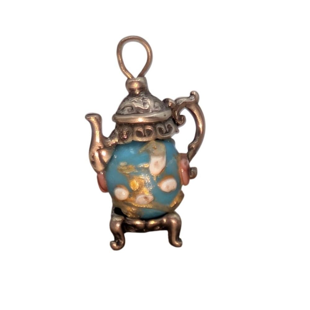 Vintage Nuvo Sterling Teapot Charm Blue Lampwork Glass Bead